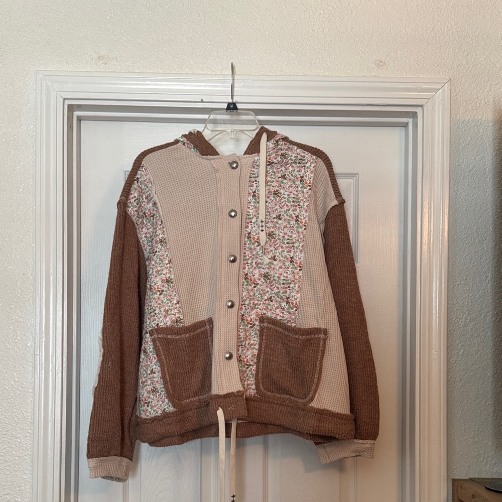 POL Brown and Cream Textured Hoodie